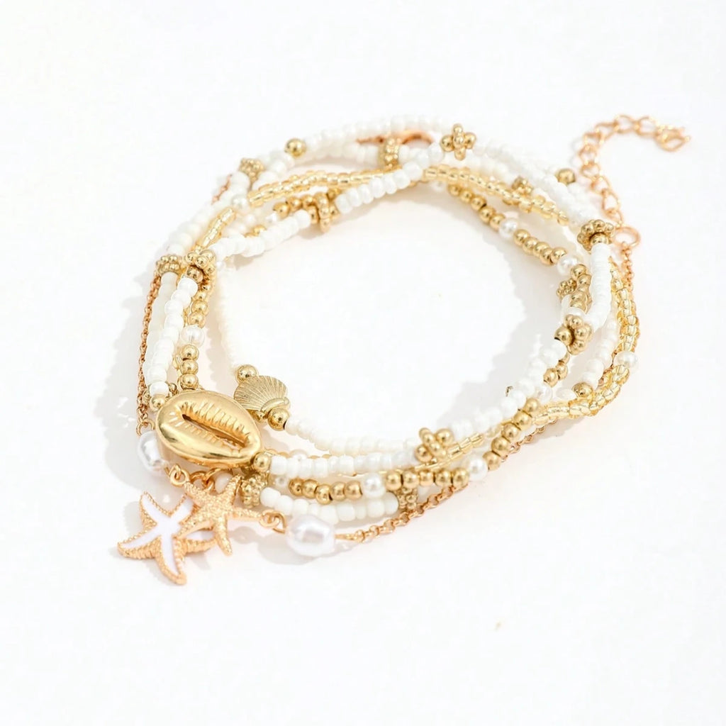 6pcs/set Fashion Stackable Starfish Shell Pendant Beads Anklets Set For Women Beach Jewelry Accessories