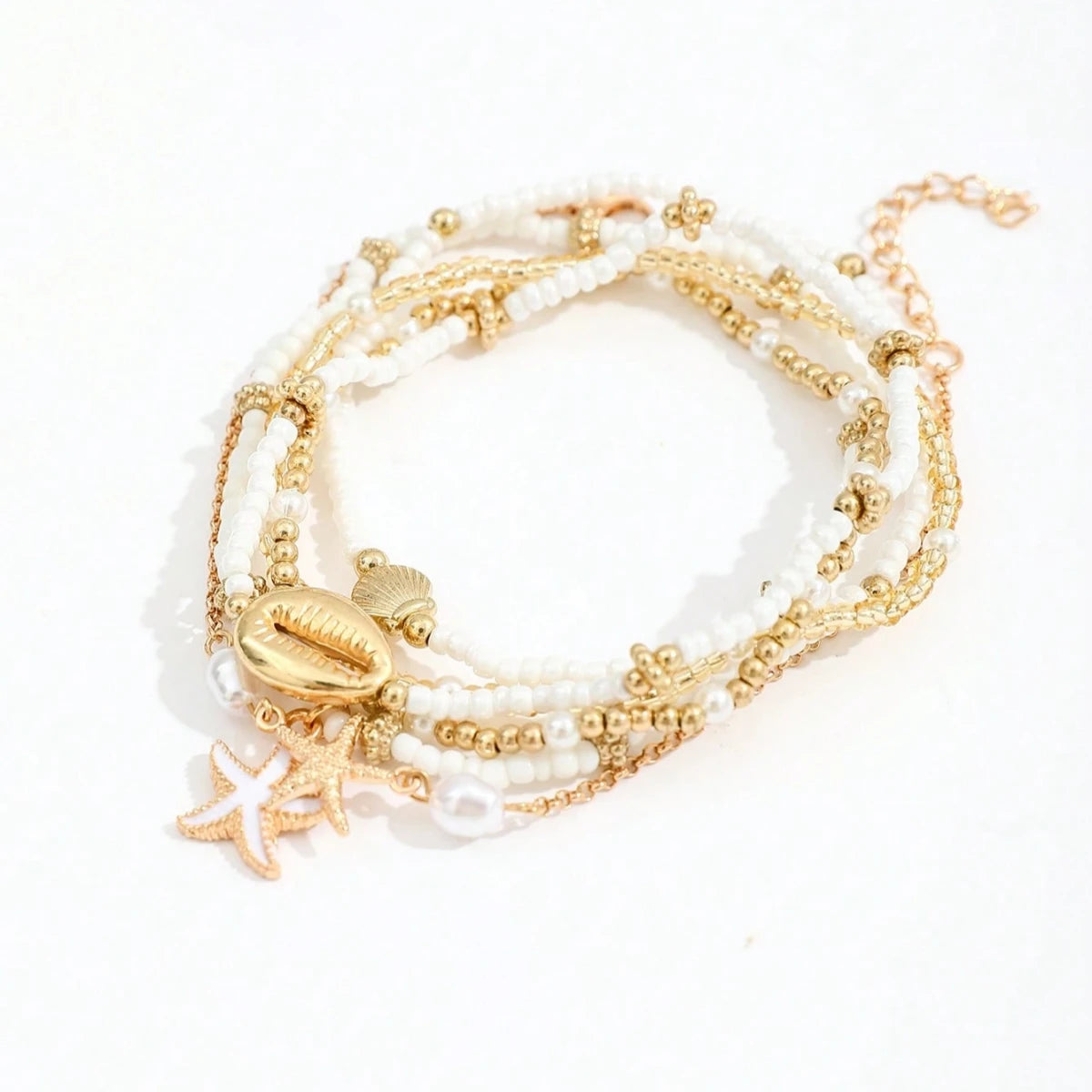 6pcs/set Fashion Stackable Starfish Shell Pendant Beads Anklets Set For Women Beach Jewelry Accessories