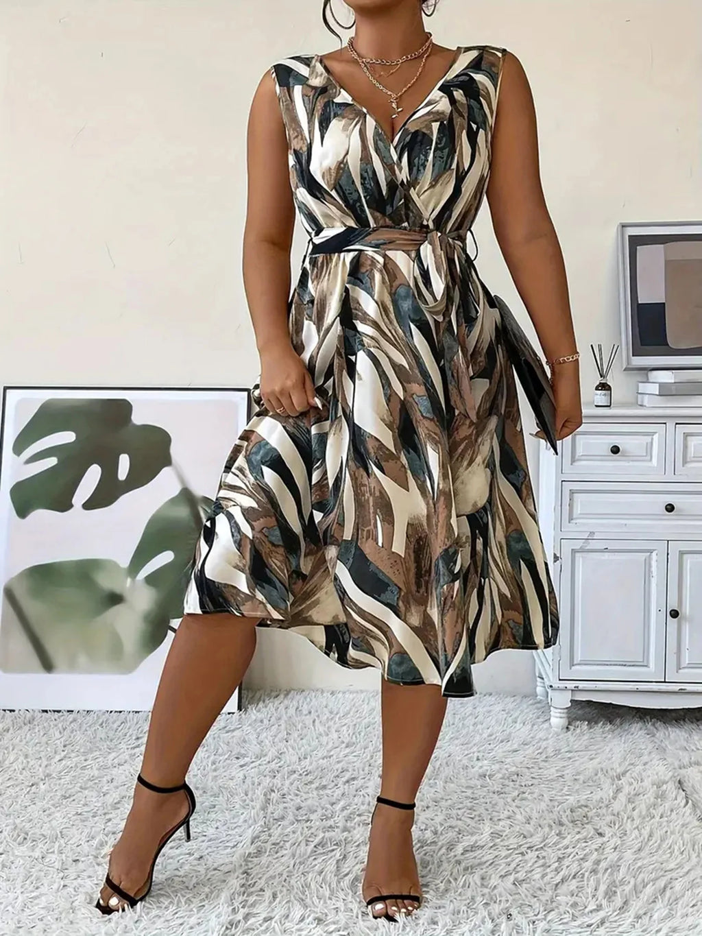 Elegant Plus Size Women's Fashion Print Sexy V-Neck Dress Stylish Commute Slim Fit Sleeveless Dress