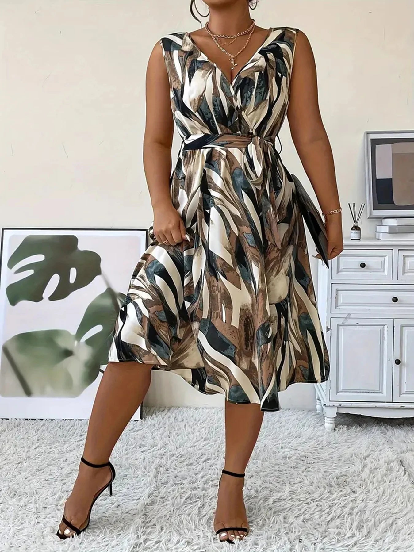 Elegant Plus Size Women's Fashion Print Sexy V-Neck Dress Stylish Commute Slim Fit Sleeveless Dress