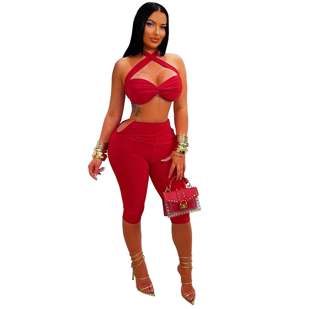 Sexy Capri Legging Set Womens 2 Piece Outfits Cross Neck Crop Top and Mid-Length Pants Suit for Woman Party Night Club Wear