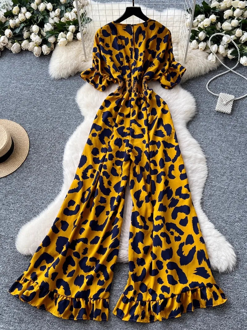 Summer Women's jumpsuit fashion leopard print outfit chic casual V-neck short sleeve elastic high waist slim wide leg jumpsuit