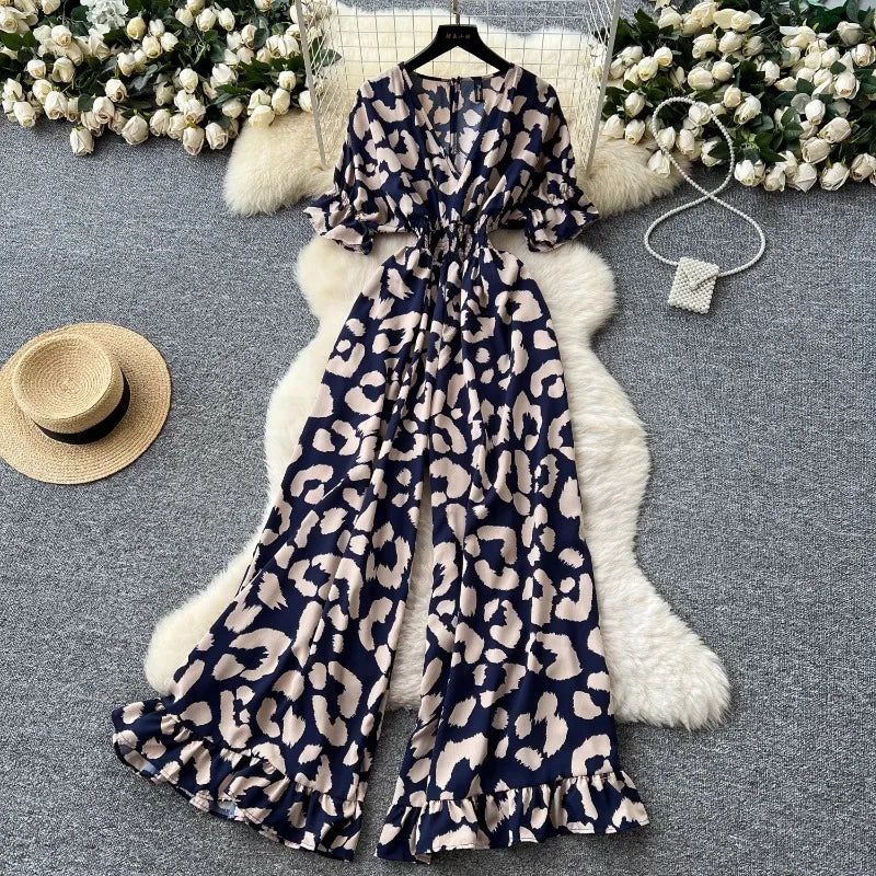 Summer Women's jumpsuit fashion leopard print outfit chic casual V-neck short sleeve elastic high waist slim wide leg jumpsuit