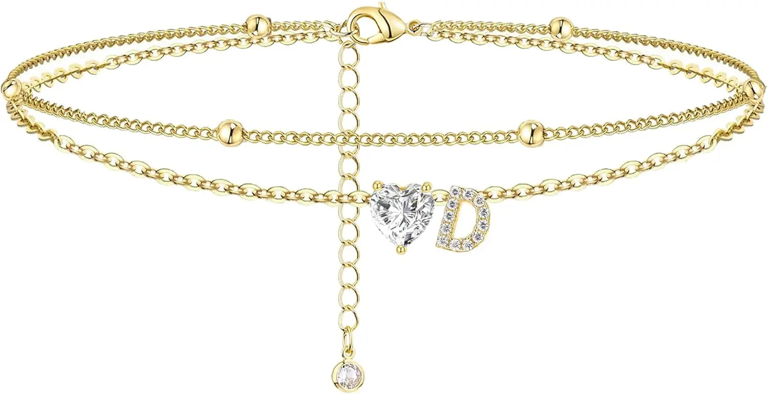 Ankle Bracelets for Women Waterproof 14K Gold Plated CZ Initial Dainty Layered Heart Anklets Foot Chain Summer Beach Jewelry