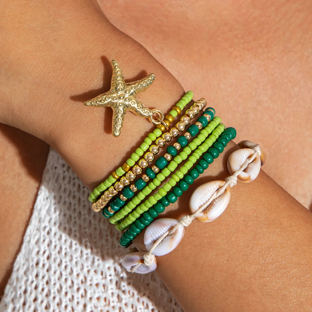 Tocona Bohemian Resort Style Shell Beaded Weaving Bracelet Beach Style Starfish Rice Beads Seven Piece Set for Women 25134