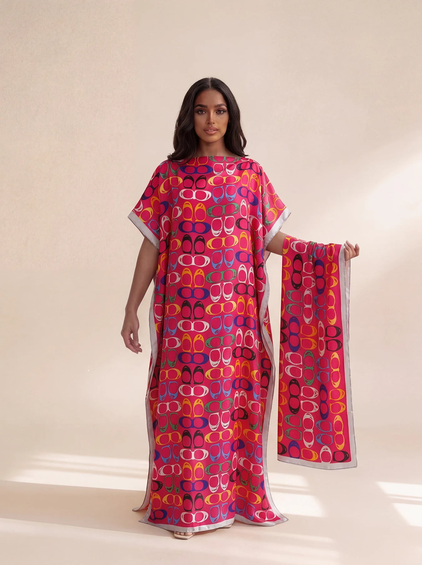 New Style Long Loose Silk Blend Beach Cover up Dress Middle East Pattern Printed Elegant Long Robe Dress for Women