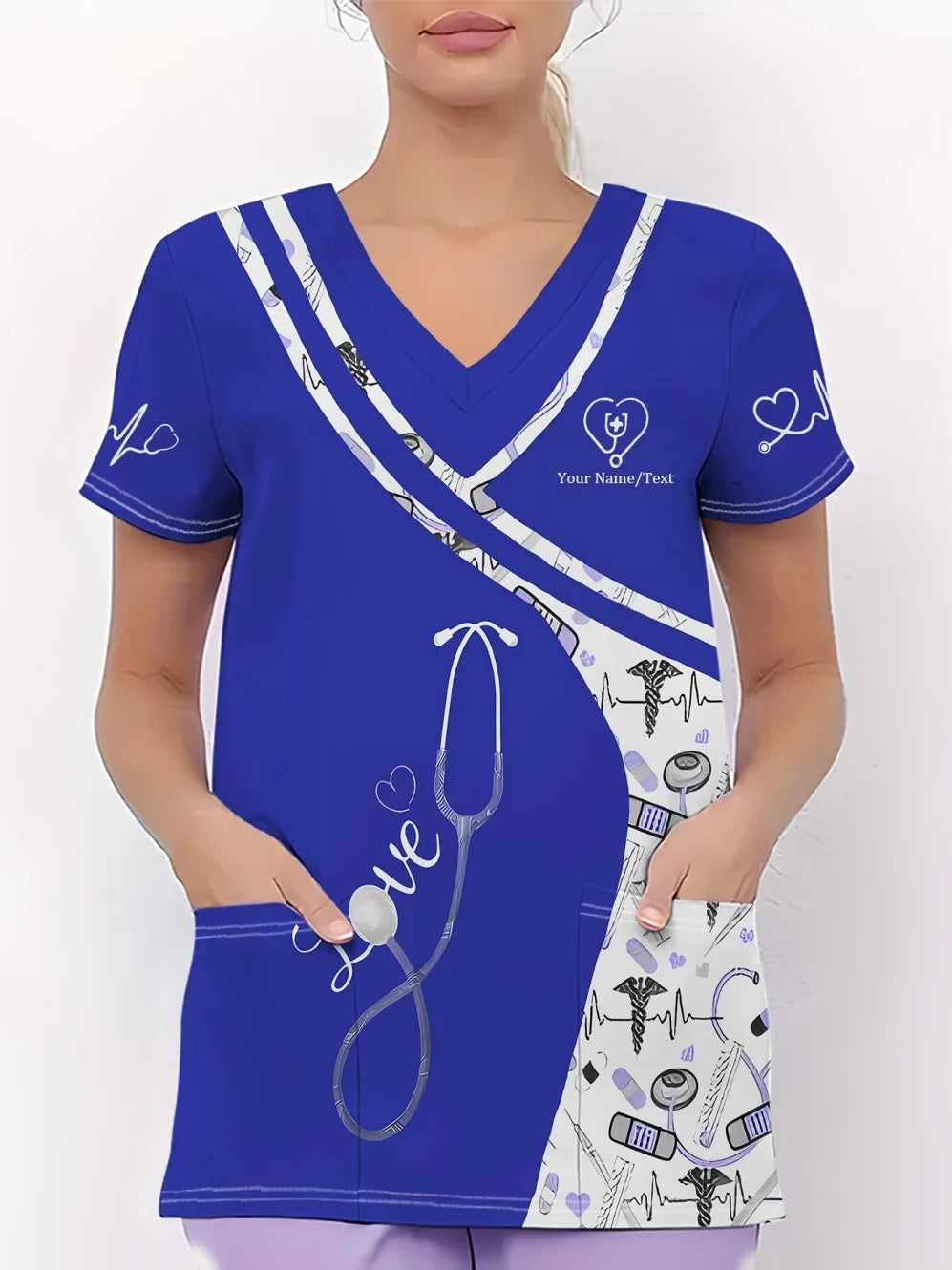 Clinical Uniform Woman Stethoscope Print V-Neck Short Sleeve Nurse Uniform Tops Fashion with Pocket Dentist Nurse Uniform Woman