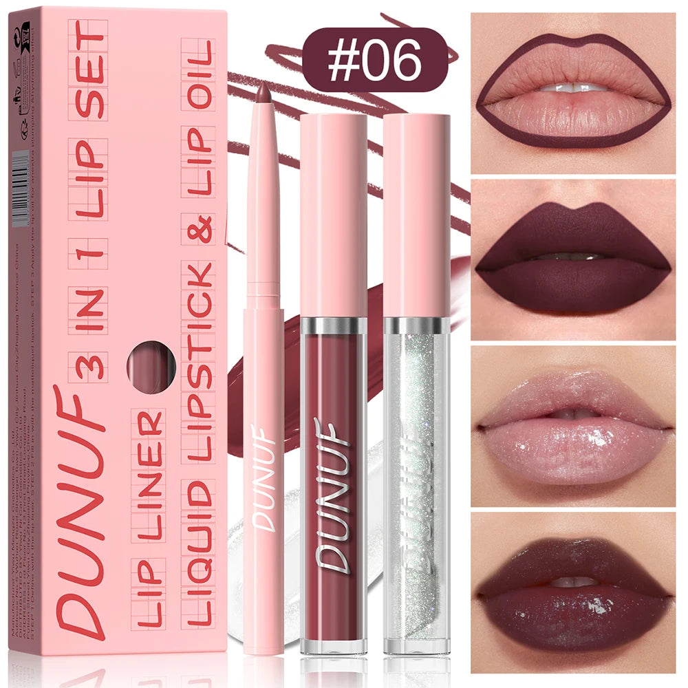 Matte Lip Liner Lip Gloss Lip Oil Set, 3-in-1 Waterproof Non-sticky Long-Lasting Lipstick, Nude Deep Red Mauve, Christmas Makeup