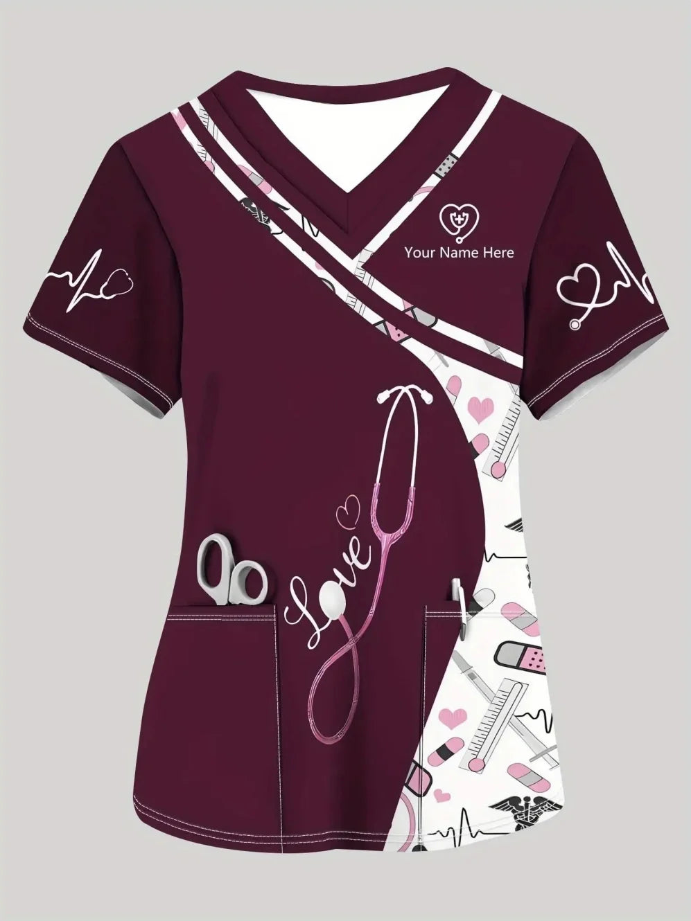 Clinical Uniform Woman Stethoscope Print V-Neck Short Sleeve Nurse Uniform Tops Fashion with Pocket Dentist Nurse Uniform Woman