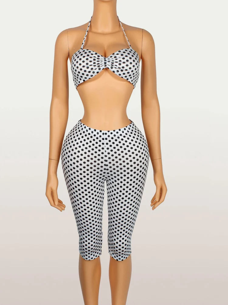 Beyprern Polka Dot Print 2 Piece Set Women Summer Outfits Halter Backless Crop Top and Bodycon Biker Shorts Matching Set