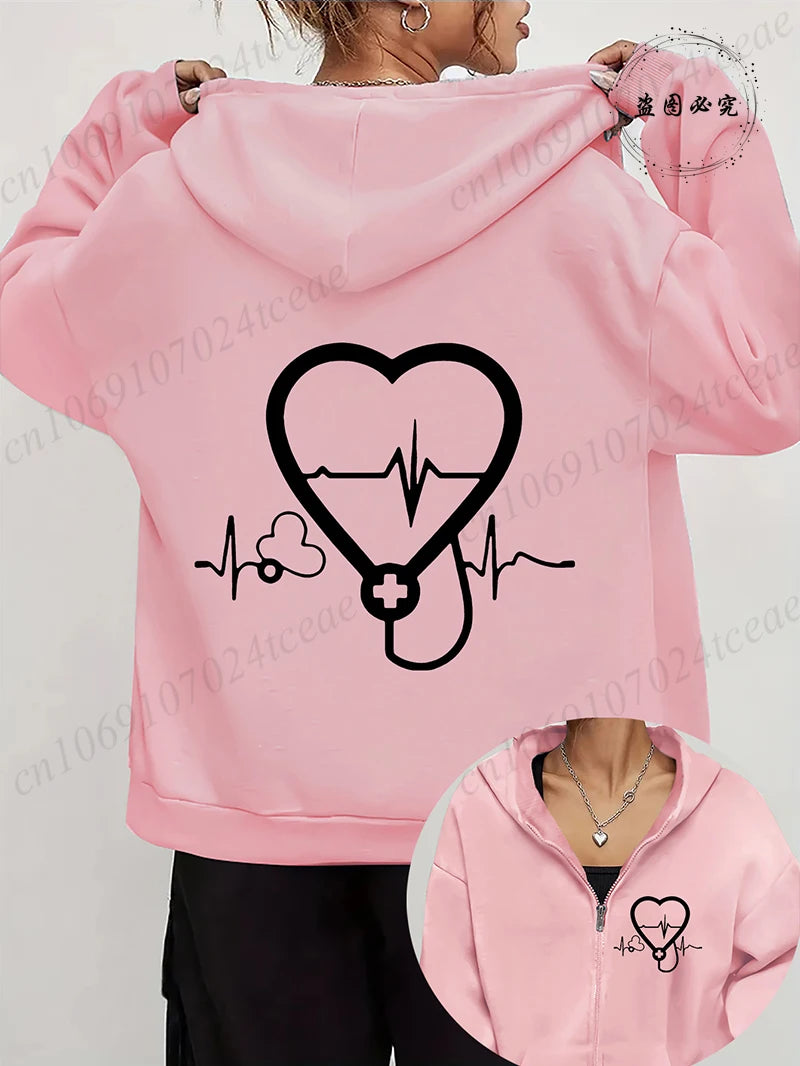 Zip Up Hoodies for Women Oversized Nurse Life Printed Hoodies Women Men Zipper Sweatshirts Autumn Winter Fleece Zip Jacket Coat