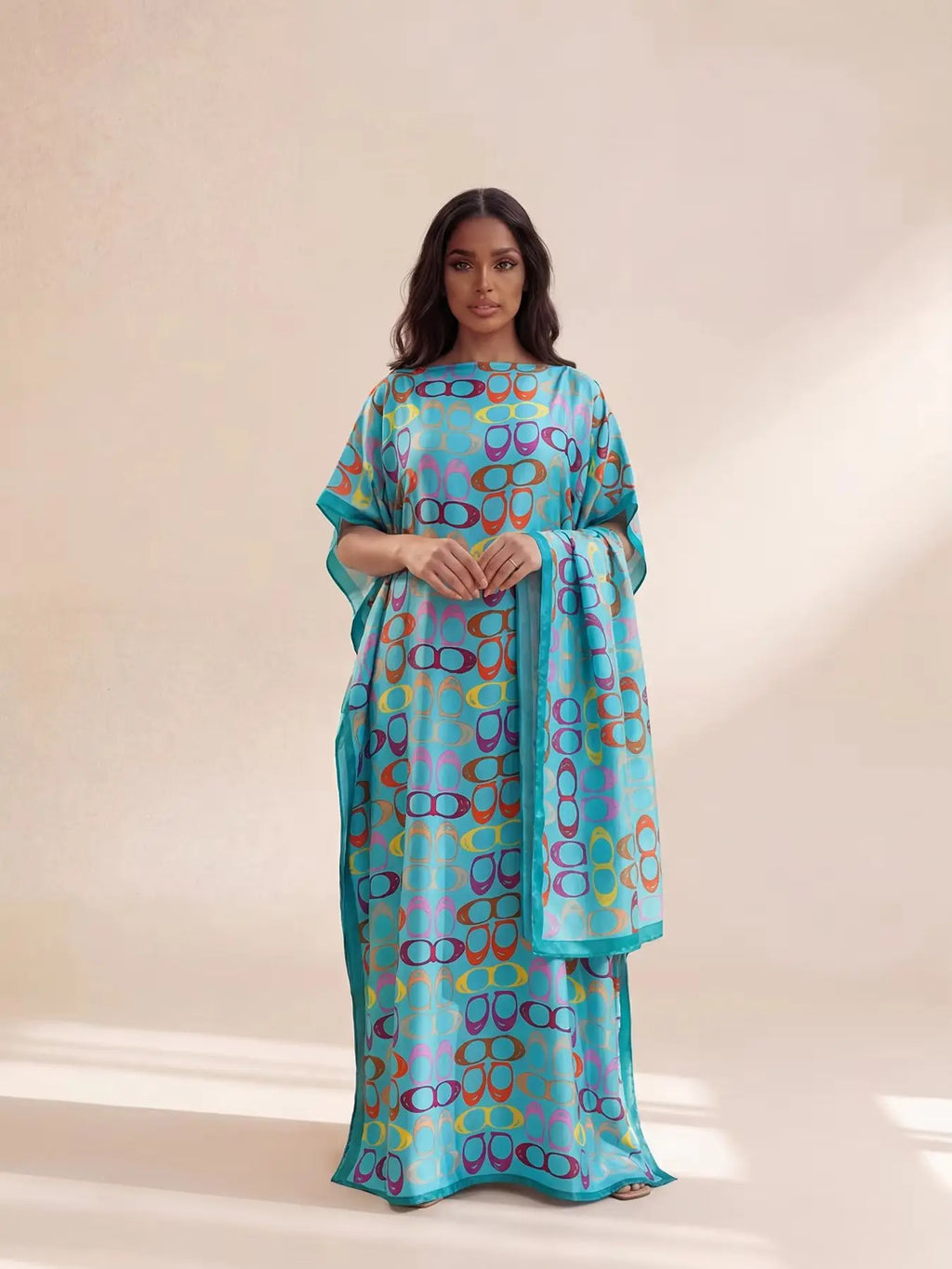 New Style Long Loose Silk Blend Beach Cover up Dress Middle East Pattern Printed Elegant Long Robe Dress for Women