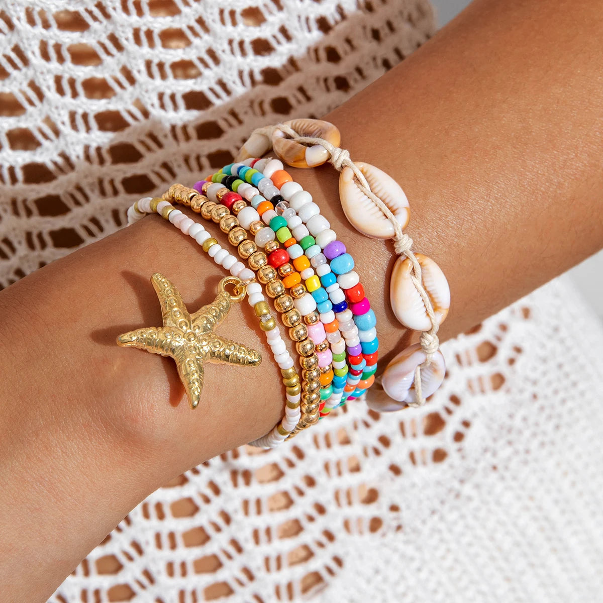 Tocona Bohemian Resort Style Shell Beaded Weaving Bracelet Beach Style Starfish Rice Beads Seven Piece Set for Women 25134