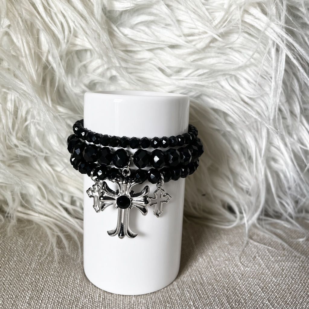 Black crystal cross charm bracelet set - side view