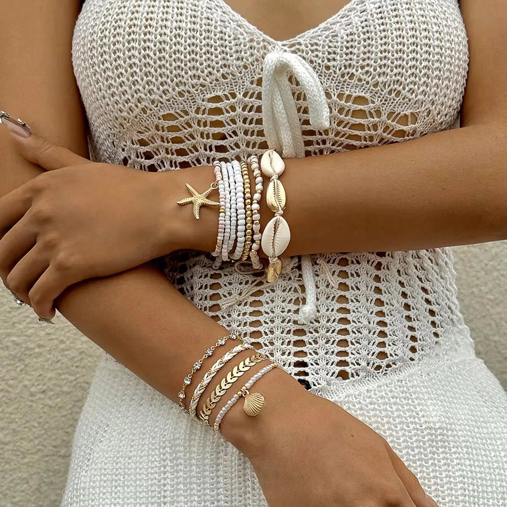 Tocona Bohemian Resort Style Shell Beaded Weaving Bracelet Beach Style Starfish Rice Beads Seven Piece Set for Women 25134