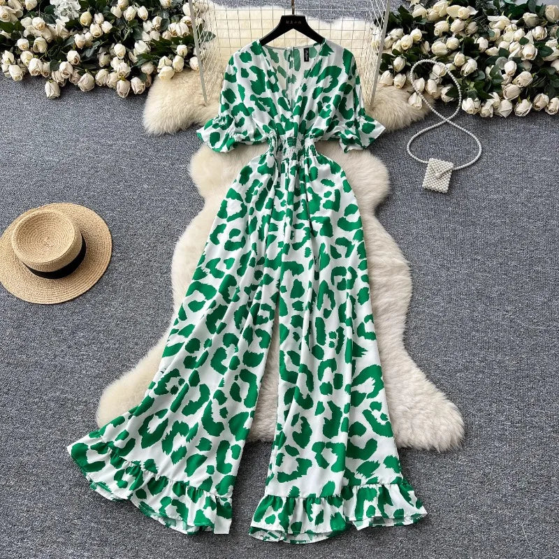 Summer Women's jumpsuit fashion leopard print outfit chic casual V-neck short sleeve elastic high waist slim wide leg jumpsuit