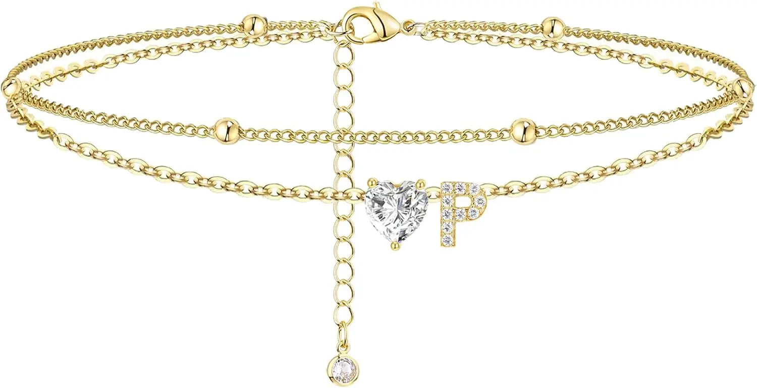 Ankle Bracelets for Women Waterproof 14K Gold Plated CZ Initial Dainty Layered Heart Anklets Foot Chain Summer Beach Jewelry