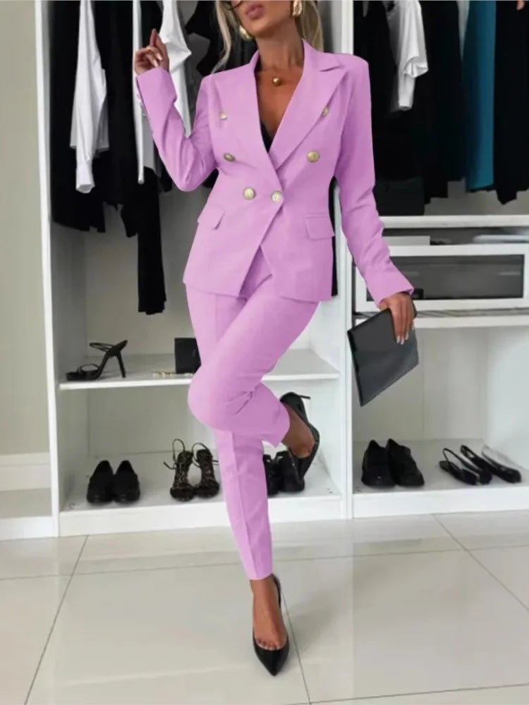 Fashion Double-breasted Long-sleeved Suit Set Women New Autumn Winter Slim Fitting Small Leg Long Pants Female Office 2piece Set
