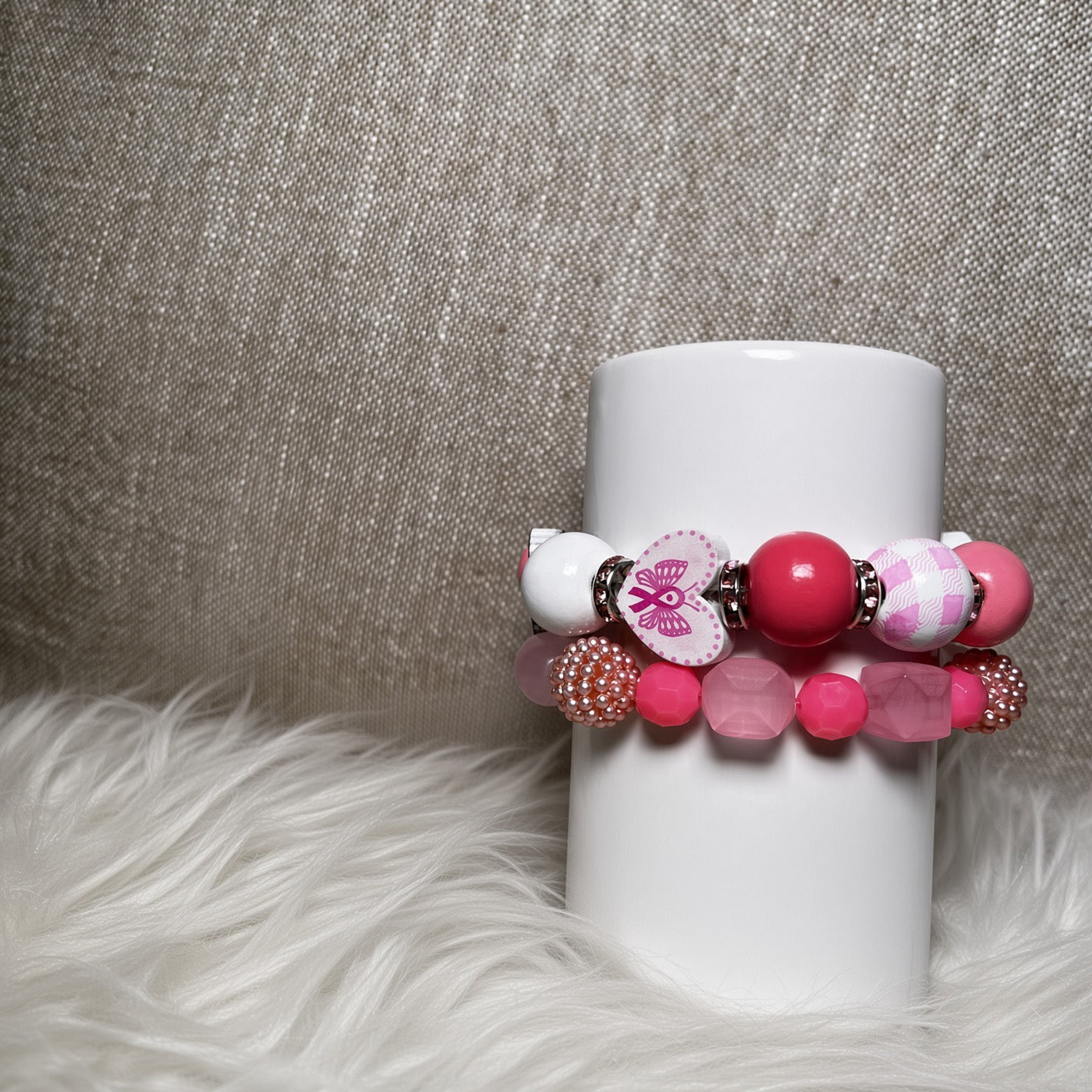 Pink butterfly ribbon awareness bracelet set - side view
