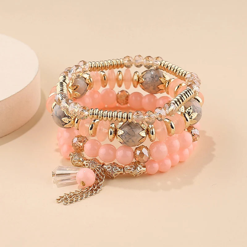 4Pcs New Tassel Charm Beads Bracelet Set For Women Colorful Glass Beaded Chain Bangle Men Bohemian Jewelry