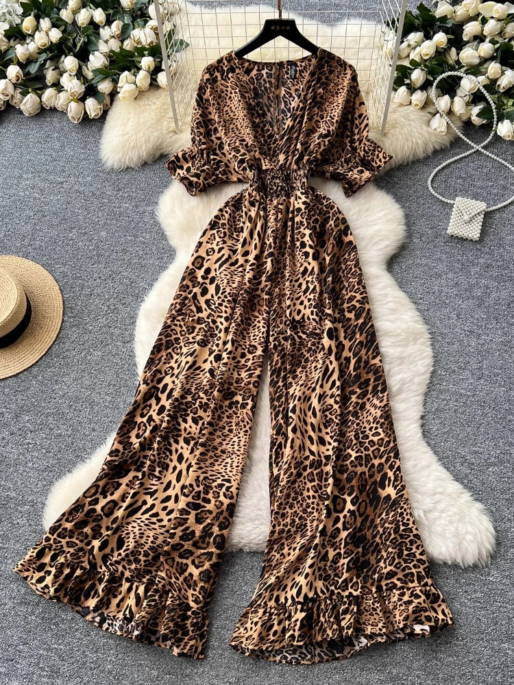 Summer Women's jumpsuit fashion leopard print outfit chic casual V-neck short sleeve elastic high waist slim wide leg jumpsuit