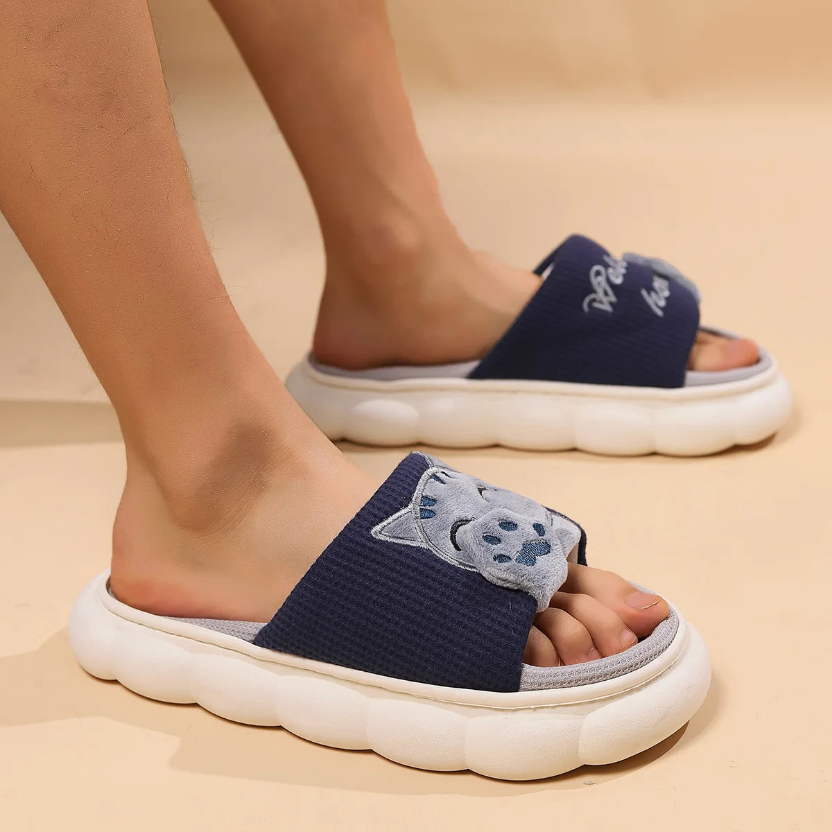 Linen Casual Slippers Women House Platform Cute Cartoon Cat Designer Shoes Girls Flat Fashion Elegant Footwear Indoor Large Size