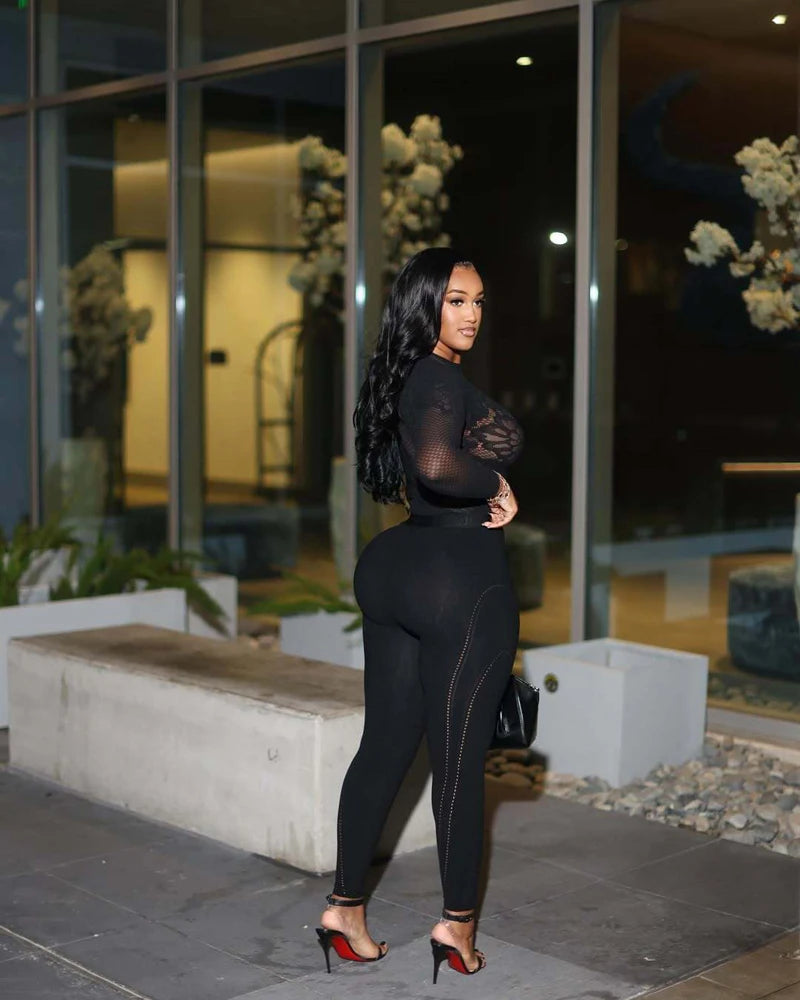 2025 Autumn Winter Hot Sale Women 2 Piece Set Hollow Out Mesh Long Sleeve Top Leggings Sets Female Streetwear Sexy Club Outfits