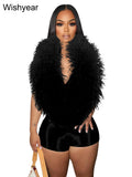 Fashion White Fluffy Backless Halter Faux Fur Short Jumpsuits Women Summer Sleeveless Playsuits One Pieces Party Night Clubwear