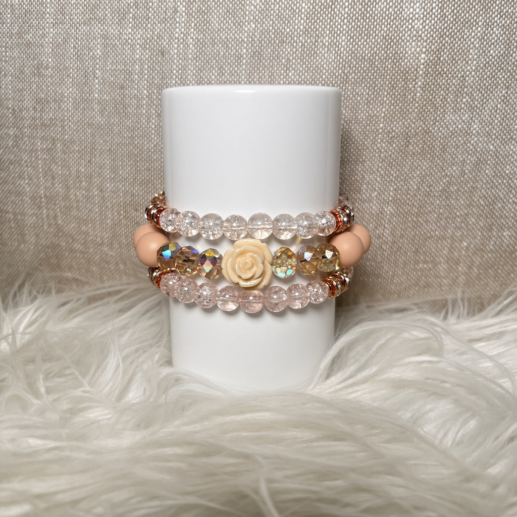 Crackle crystal and rose charm bracelet set - front view