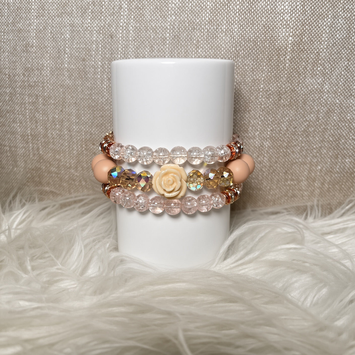 Crackle crystal and rose charm bracelet set - front view