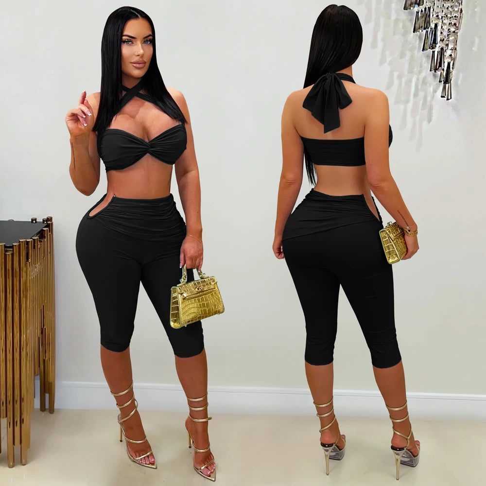 Sexy Capri Legging Set Womens 2 Piece Outfits Cross Neck Crop Top and Mid-Length Pants Suit for Woman Party Night Club Wear