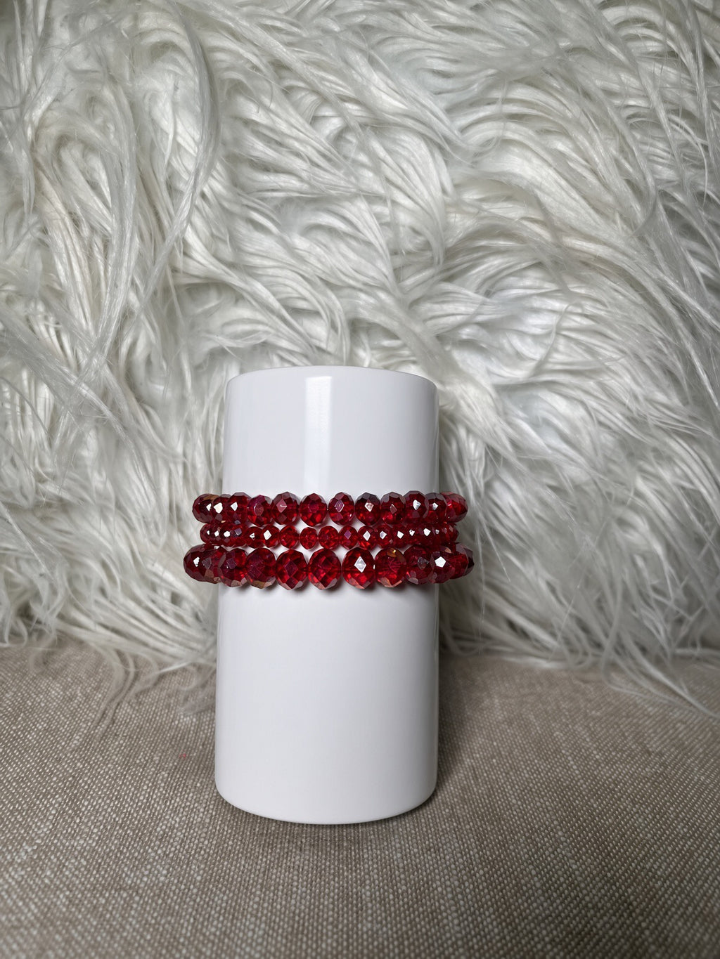Deep red faceted crystal rondelle bracelet set - front view