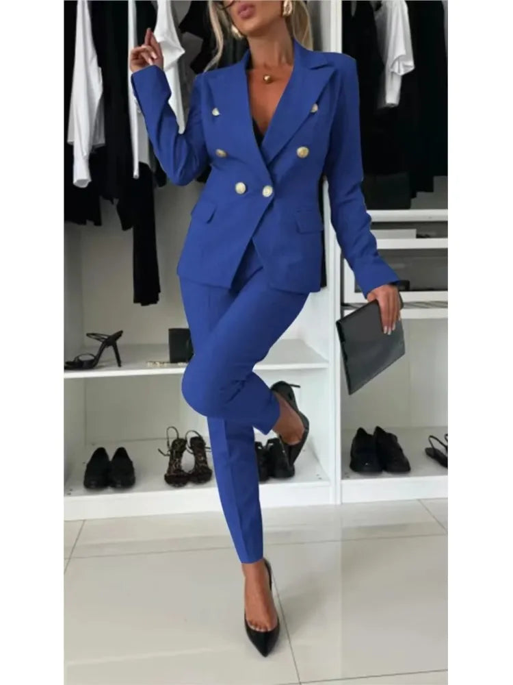 Fashion Double-breasted Long-sleeved Suit Set Women New Autumn Winter Slim Fitting Small Leg Long Pants Female Office 2piece Set