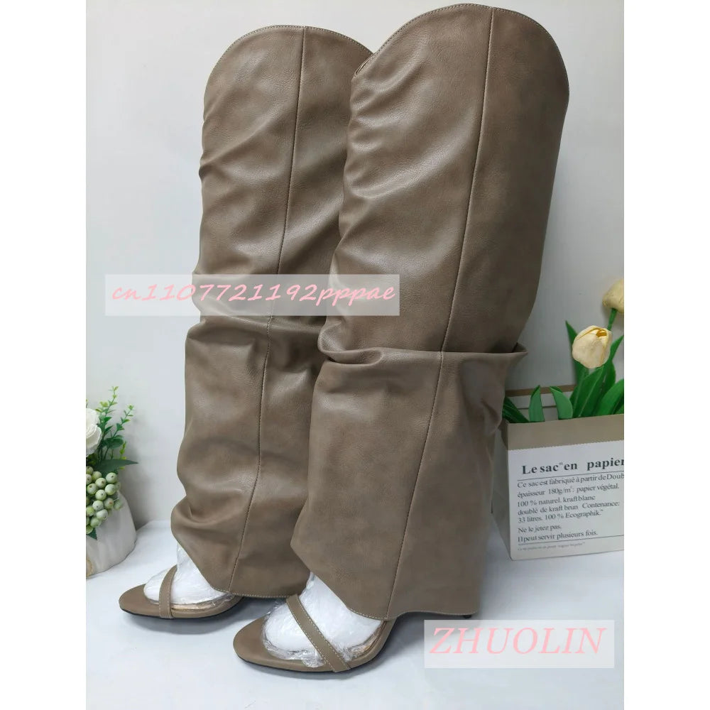 Women'S Grey Pleated Sandals Boots Summer Open Toe Stiletto Straight Knee Boots Fashion Luxury Catwalk Party Dress High Heels 43