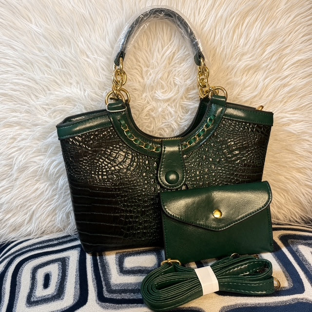 Black and green croc-embossed shoulder bag with matching flap pouch