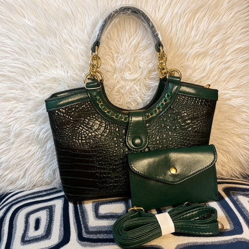 Black and green croc-embossed shoulder bag with matching flap pouch