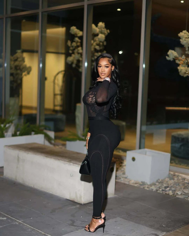 2025 Autumn Winter Hot Sale Women 2 Piece Set Hollow Out Mesh Long Sleeve Top Leggings Sets Female Streetwear Sexy Club Outfits