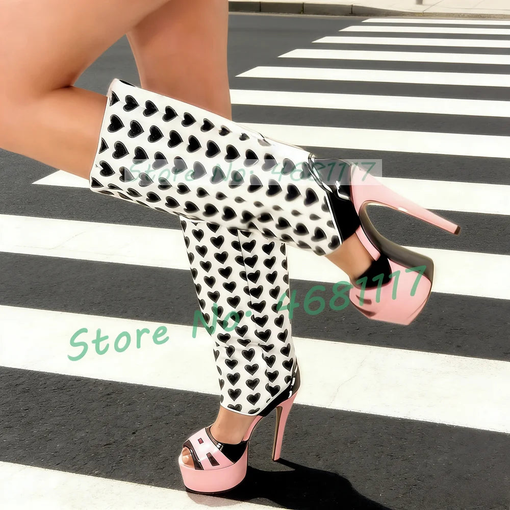 Black Heart Print Platform Sandal Boots Women Trendy Sexy Mixed Color Cut Out Boots Female Open Toe Pink High Heels Long Shoes