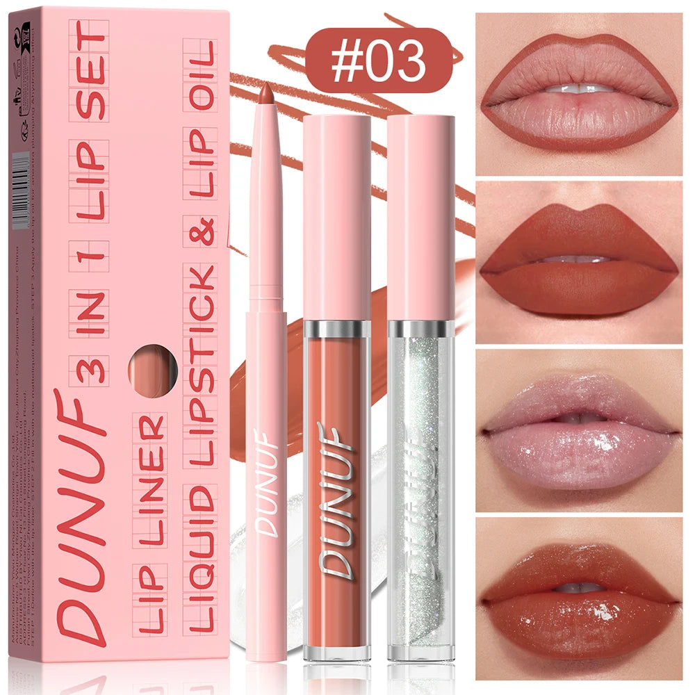Matte Lip Liner Lip Gloss Lip Oil Set, 3-in-1 Waterproof Non-sticky Long-Lasting Lipstick, Nude Deep Red Mauve, Christmas Makeup