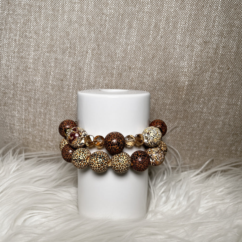 Mixed leopard print chunky bead and champagne crystal bracelet set - side view