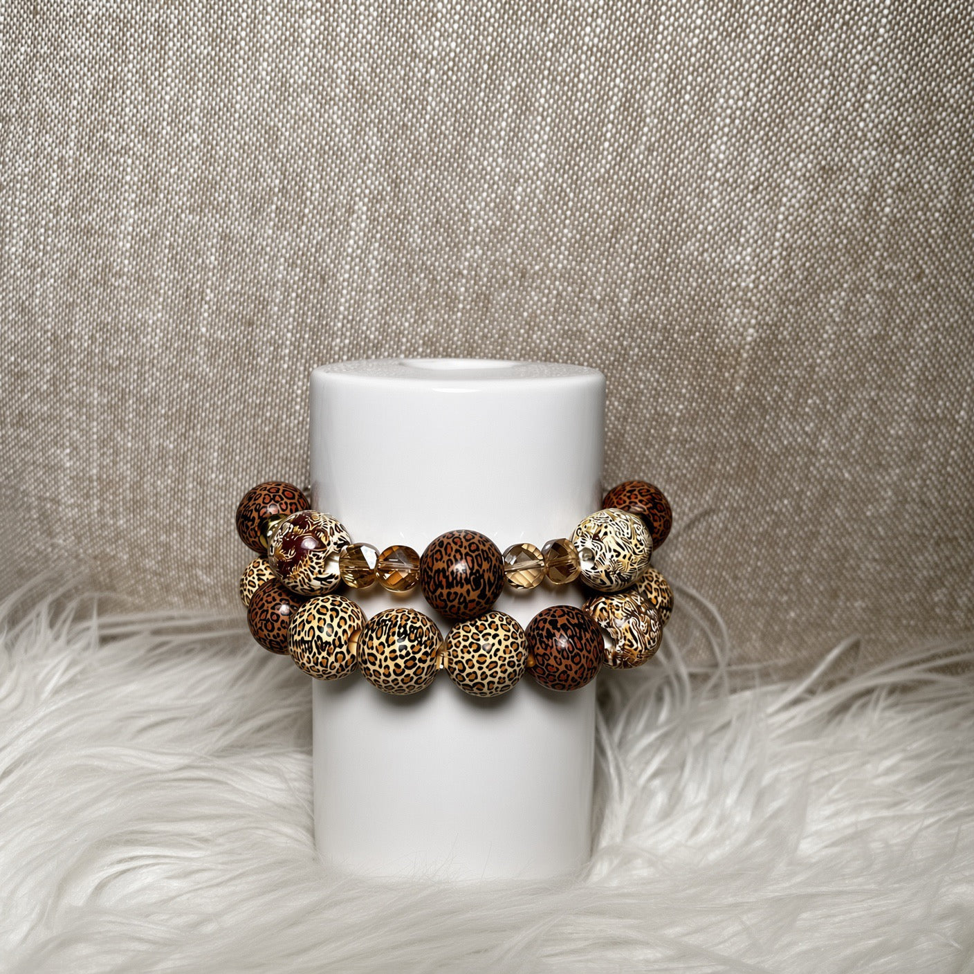 Mixed leopard print chunky bead and champagne crystal bracelet set - side view