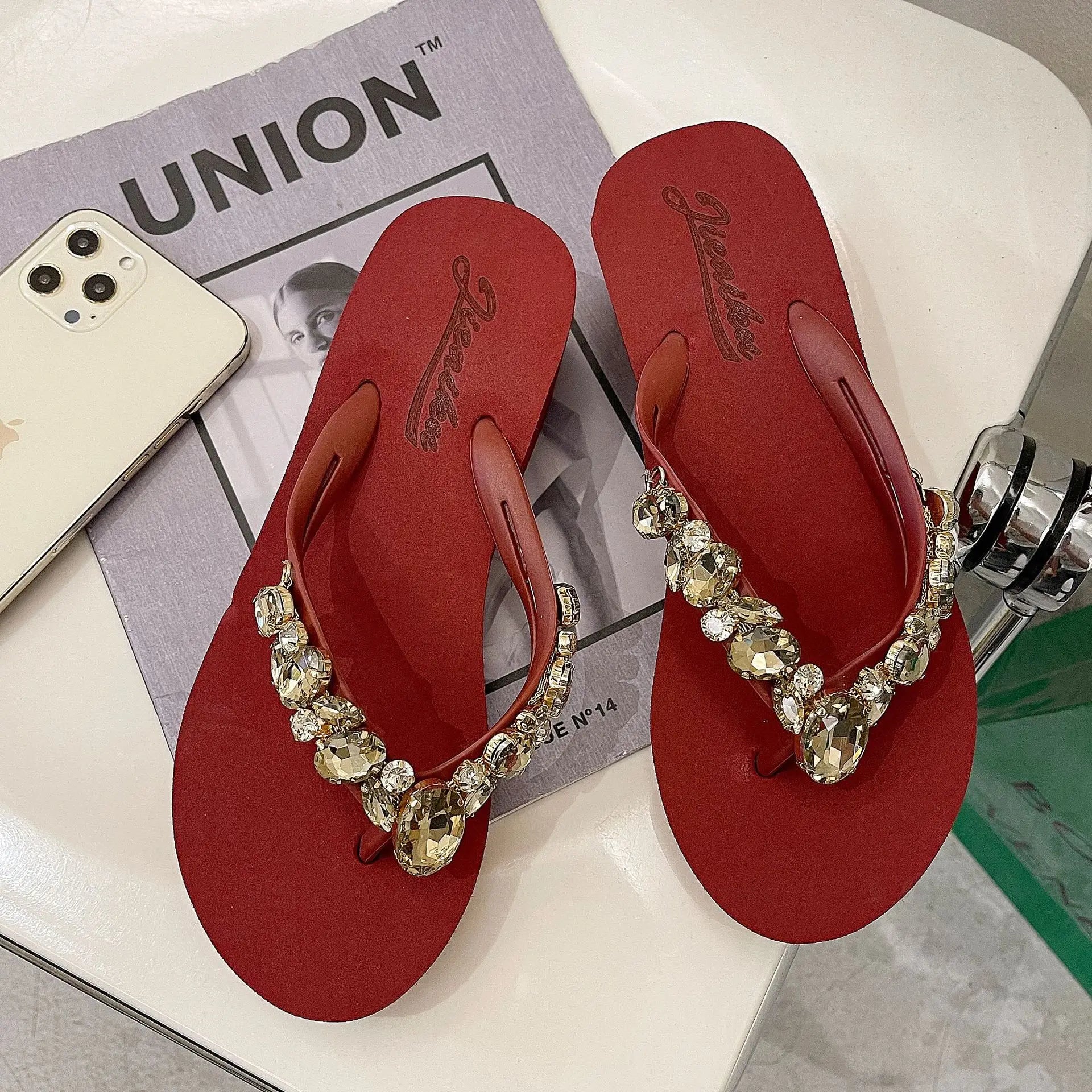 Flip Flops Women New High Heeled Slippers Women Diamond Slope Heel Slippers Elegant Fashion Beach Sandals Womens Sexy Shoes
