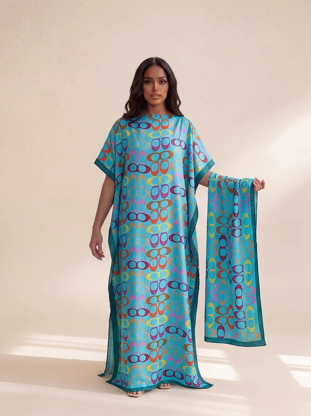 New Style Long Loose Silk Blend Beach Cover up Dress Middle East Pattern Printed Elegant Long Robe Dress for Women