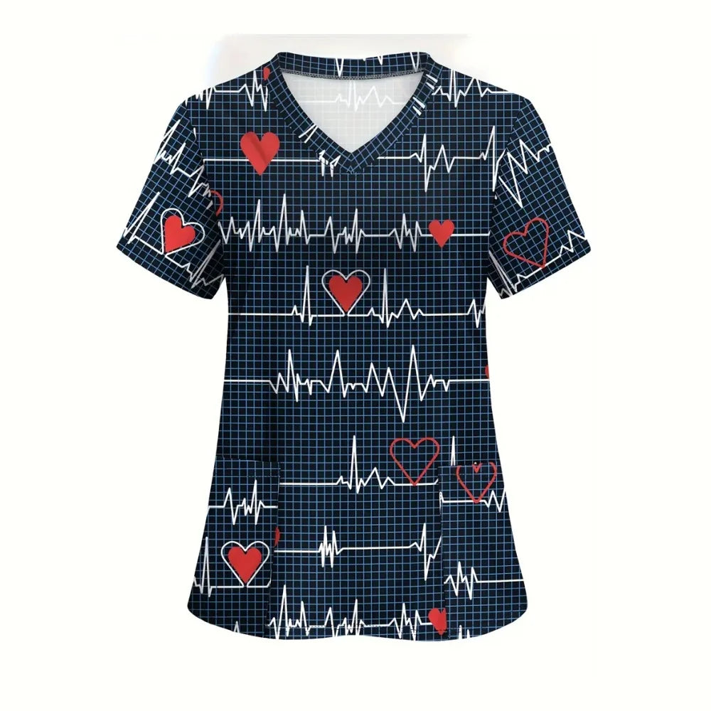 Clinical Uniform Woman Designer Cartoon Printing V-Neck Dental Scrubs Woman Summer Short Sleeves with Pockets Surgical Uniforms