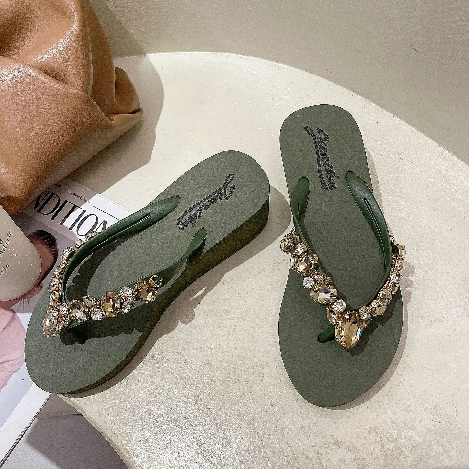 Flip Flops Women New High Heeled Slippers Women Diamond Slope Heel Slippers Elegant Fashion Beach Sandals Womens Sexy Shoes