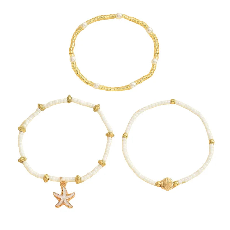 Summer Bohemian Style Starfish Shell Millet Bead Ankle Chain Three-Layer Set Beachy Elegant Foot Jewelry Accessory
