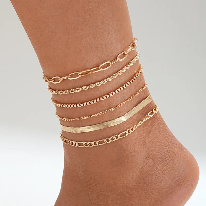 7pc/set Bohemian Rice Beads Starfish Pendant Anklet Set Fashion Summer Beach Sea Shell Multilayer Ankle Bracelet On Foot Jewelry