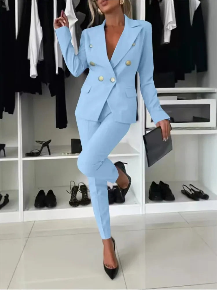 Fashion Double-breasted Long-sleeved Suit Set Women New Autumn Winter Slim Fitting Small Leg Long Pants Female Office 2piece Set