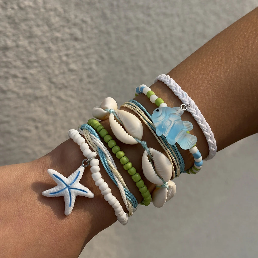 Tocona Bohemian Resort Style Shell Beaded Weaving Bracelet Beach Style Starfish Rice Beads Seven Piece Set for Women 25134