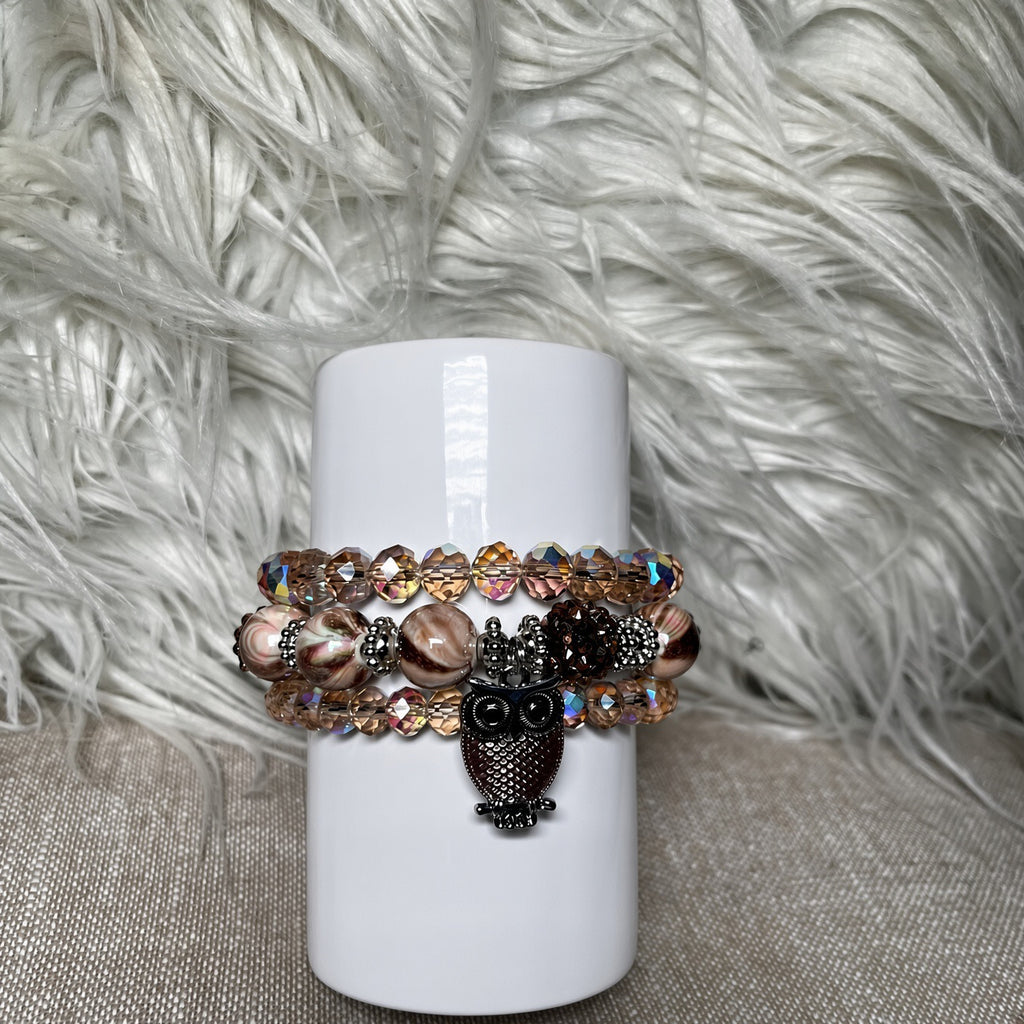 Champagne crystal owl charm bracelet set - front view
